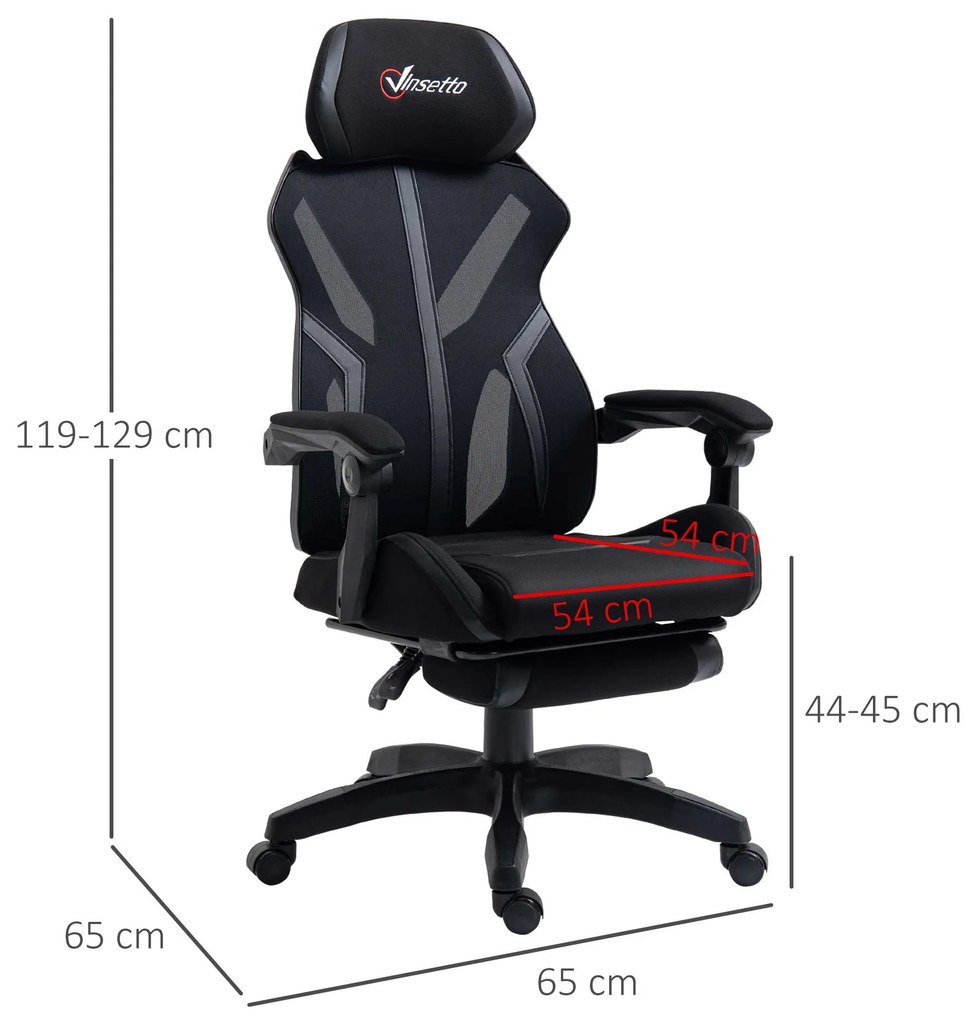 Vinsetto Scaun Gaming cu Suport pentru Picior Retractabil Scaun de Birou Rotativ Reclinabil cu Suport pentru Cap și Înălțime Ajustabilă 65x65x119-129 cm Negru | Aosom Romania