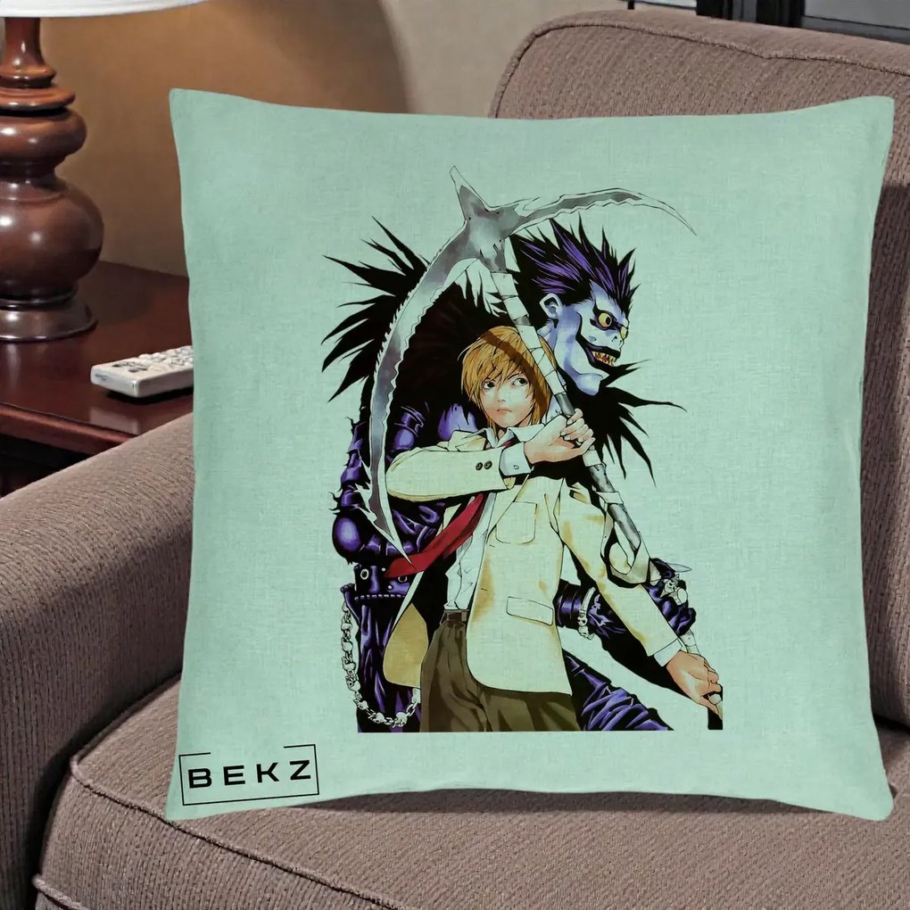 Perna Personalizata Death Note Light si Ryuk Duo, 40x40 cm, Verde Menta, Husa Detasabila, Perna Inclusa, BEKZ®