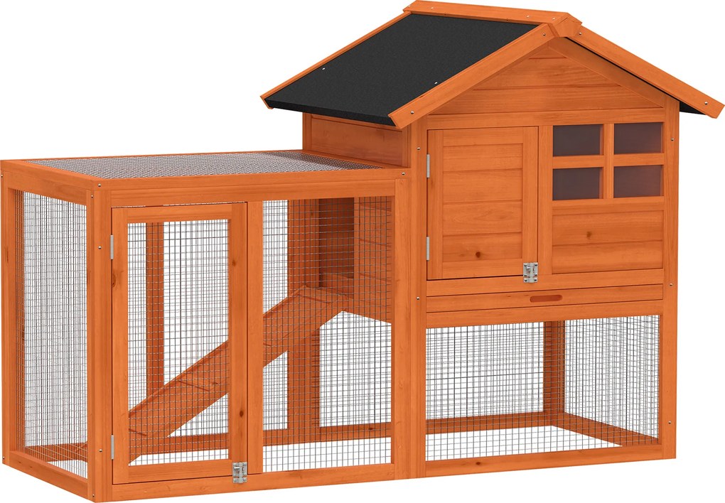 PawHut Coteț iepuri 2 etaje coteț cu acoperiș bituminos impermeabil parc exterior rampă uși lemn 123,5x62,6x92,5 cm Portocaliu | Aosom Romania