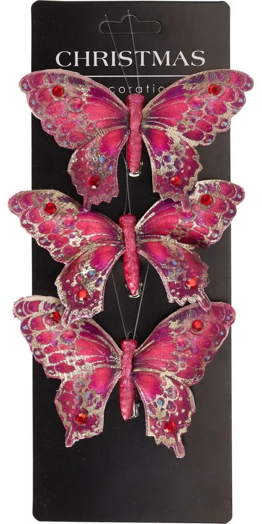 Set de decorațiuni de Crăciun Fluturi, roșu,12x8x2 cm, cu clemă, SET DE 3 BUCĂȚI