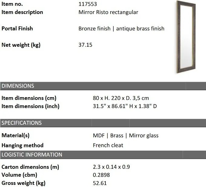 Oglinda decorativa design LUX Risto square 80x220cm