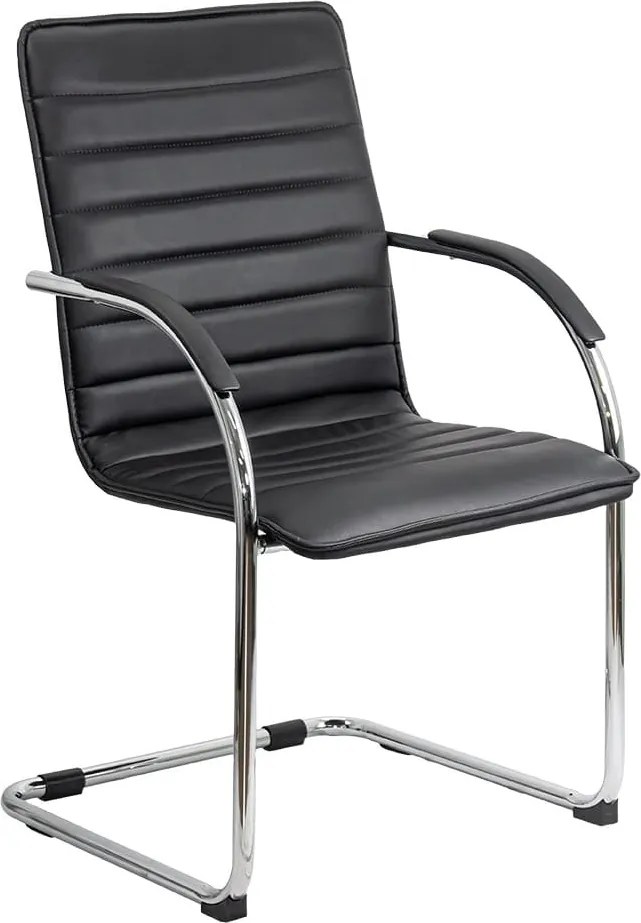 Scaun pentru așteptare negru OFF 835 din piele ecologică și cadru metalic cromat cu brațe
