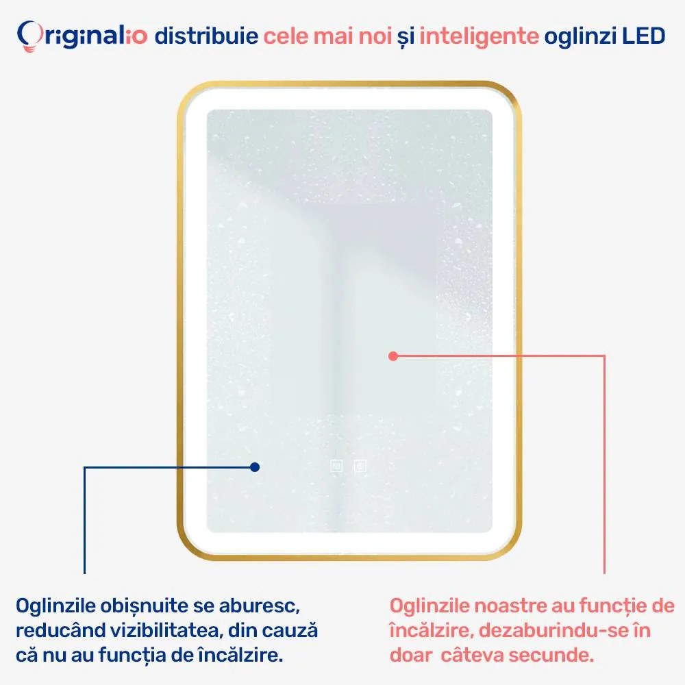 Oglindă LED Dreptunghiulară (50x70 cm), 3 Moduri Iluminare (Lumină Rece, Naturală, Caldă), Intensitate Reglabilă, Funcție Dezaburire, Ramă Aluminiu, Control Tactil (Touch)