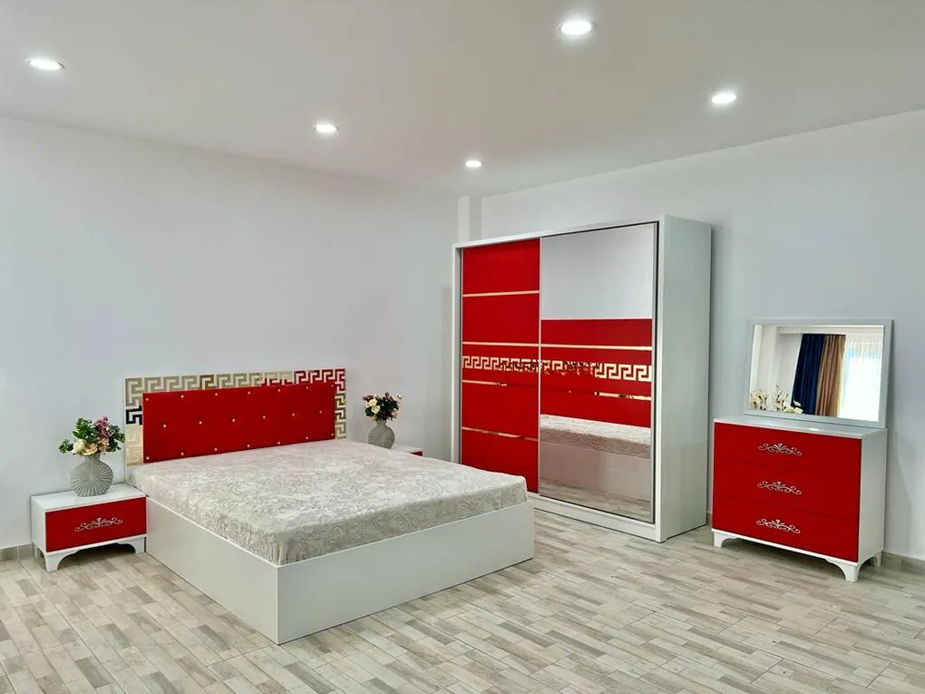 Dormitor Palermo, culoare alb / rosu, cu pat tapitat 160 x 200 cm, dulap cu 2 usi, comoda cu oglinda, 2 noptiere