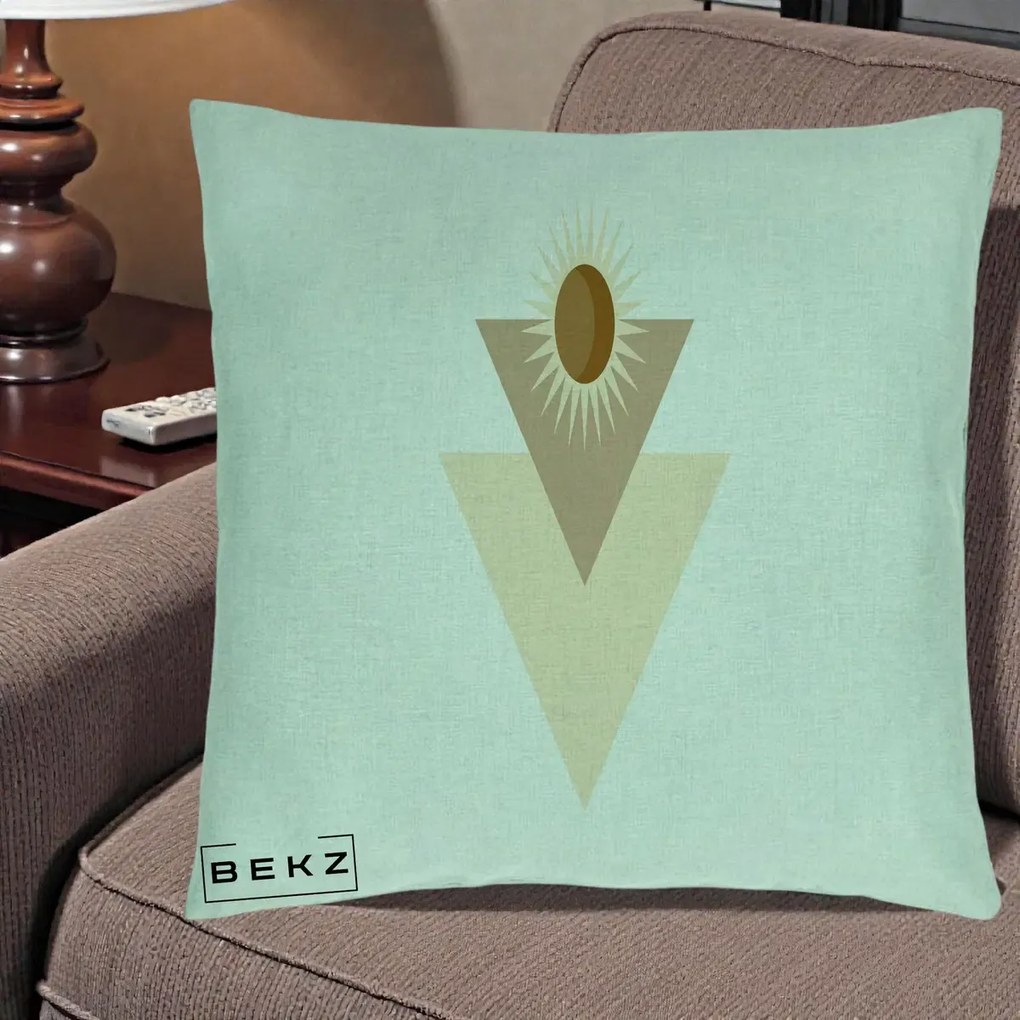 Perna Decorativa Boho Sun cu Triunghiuri Bej si Oval Solar, 40x40 cm, Verde Menta, Husa Detasabila, Perna Inclusa, BEKZ®