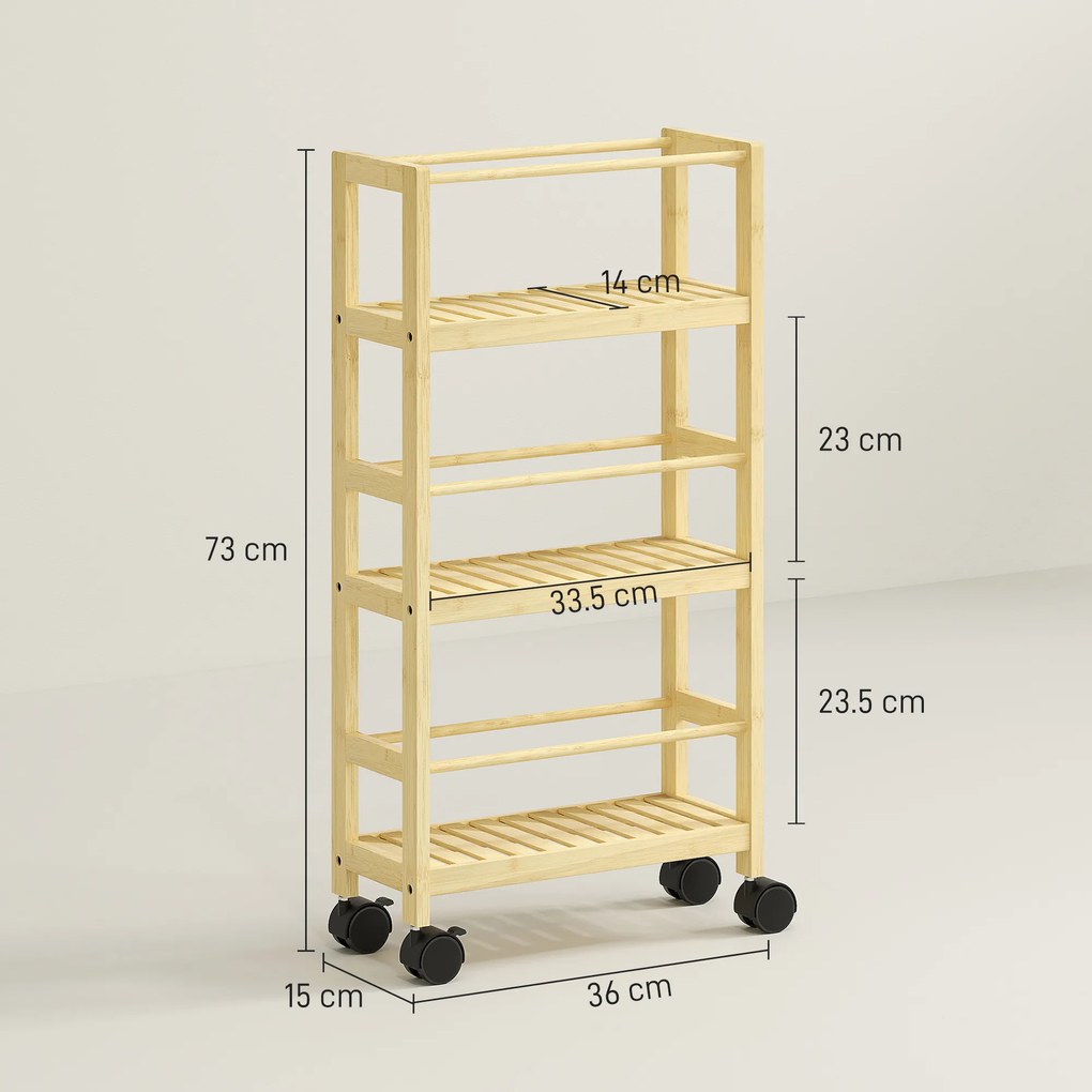HOMCOM Cărucior de Baie cu 3 Niveluri cu Lamele și Roți 36x15x73 cm Culoare Lemn | Aosom Romania