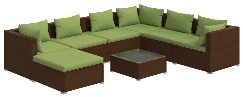 Set mobilier de gradina cu perne, 8 piese, maro, poliratan maro si verde, 3x colt + 3x mijloc + suport pentru picioare + masa, 1