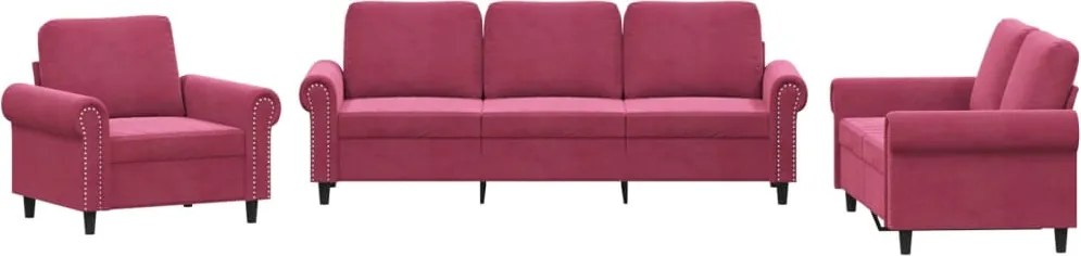 vidaXL Set canapea cu perne, 3 piese, roșu vin, catifea