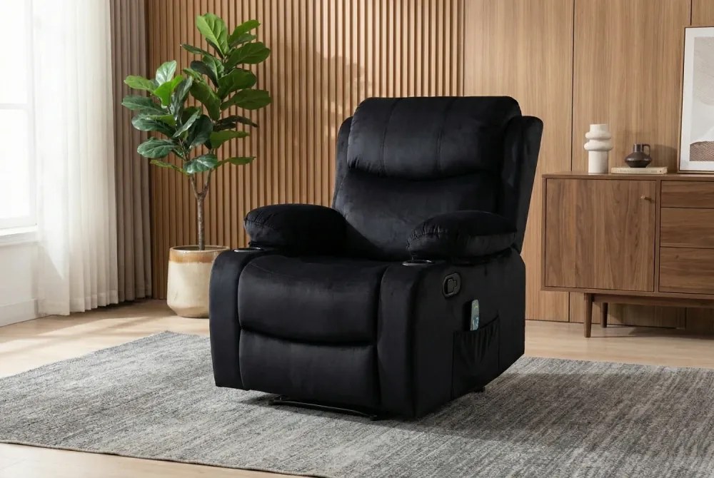 Fotoliu Masaj, Incalzire, rabatabil, sezut cu arcuri metalice, suport picioare extensibil, catifea, Negru