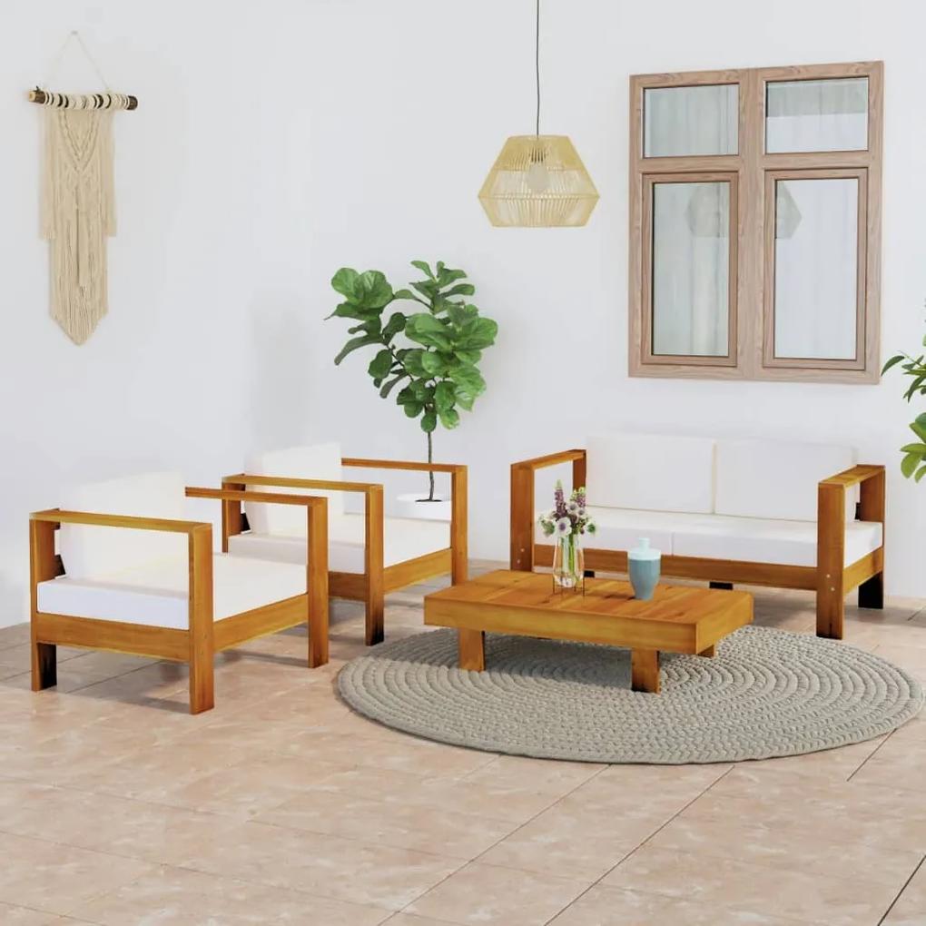 Set mobilier gradina perne alb crem, 4 piese, lemn masiv acacia