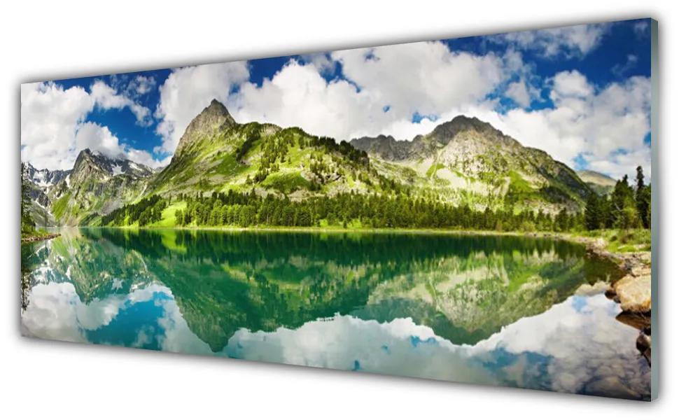 Tablou pe sticla Mountain Lake Peisaj Verde Gri Albastru