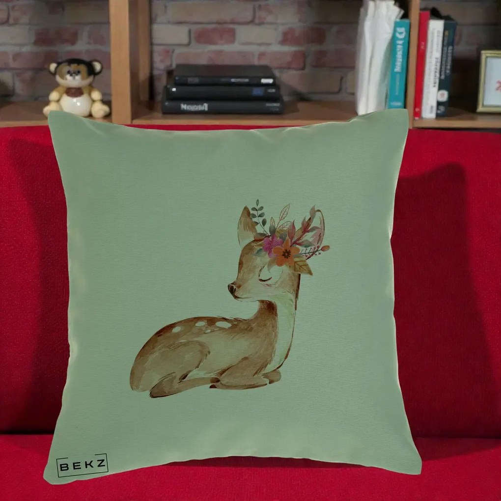 Perna Decorativa Caprioara cu Flori in Coama, 40x40 cm, Verde, Husa Detasabila, Perna Inclusa, BEKZ®