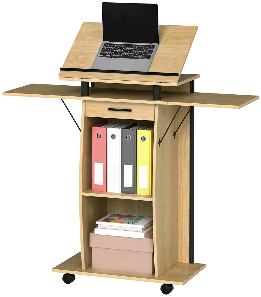 HOMCOM Suport de Podium cu Role, Pupitru cu Aripi Laterale Pliabile, Măsuță pentru Laptop cu Sertar și Rafturi, Stejar | Aosom Romania