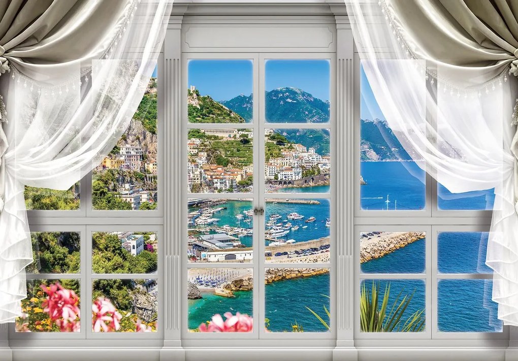 Fototapet - Privire din geam spre cascade (152,5x104 cm)