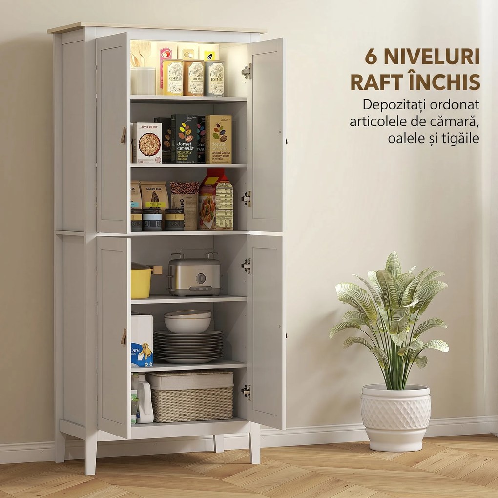 HOMCOM Bufet Înalt de Bucătărie 177 cm, Dulap cu Lumină LED, Reglabil în 3 Culori, Rafturi Ajustabile, Alb | Aosom Romania