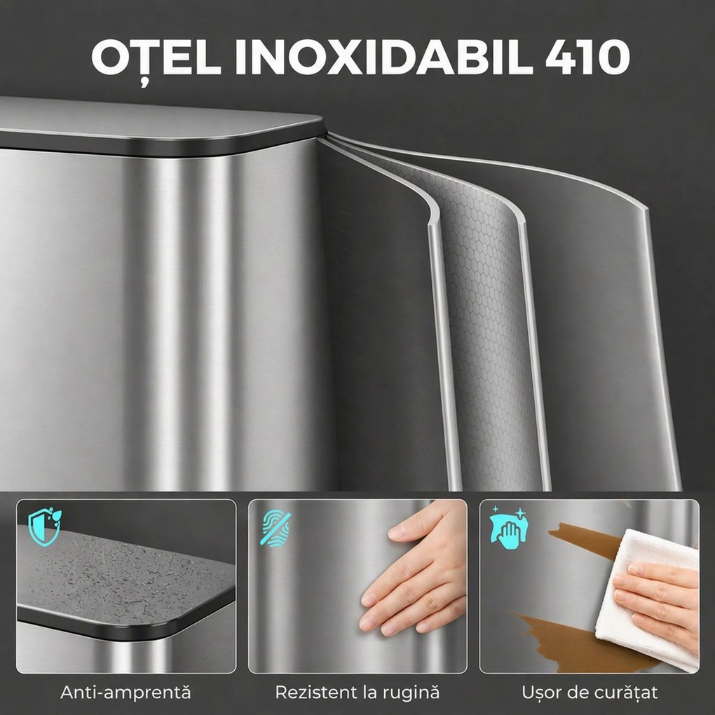 HOMCOM Pubelă de bucătărie dreptunghiulară 30L din oțel inoxidabil, cu închidere silențioasă și găleată detașabilă, argintie | Aosom Romania