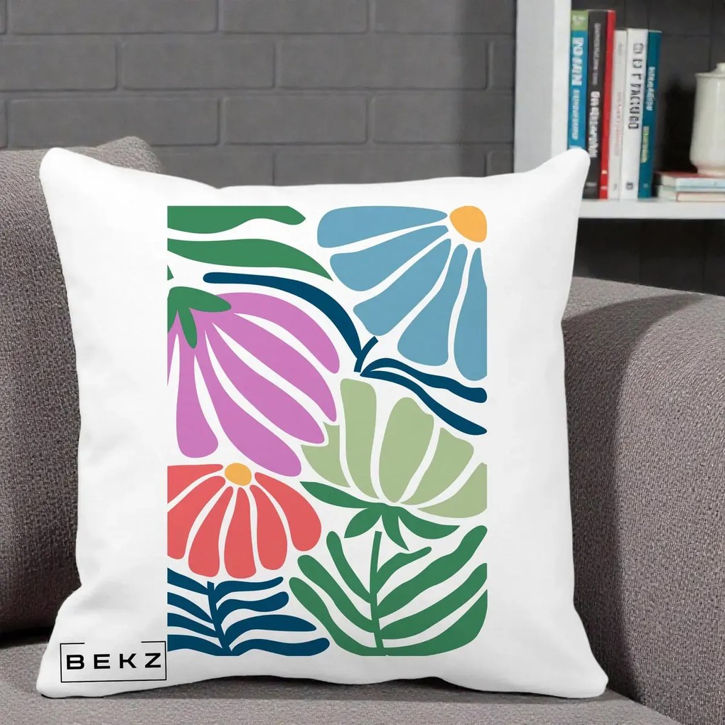 Perna Decorativa Flori Grafice Multicolore Modern, 40x40 cm, Alba Mata, Husa Detasabila, Perna Inclusa, BEKZ®