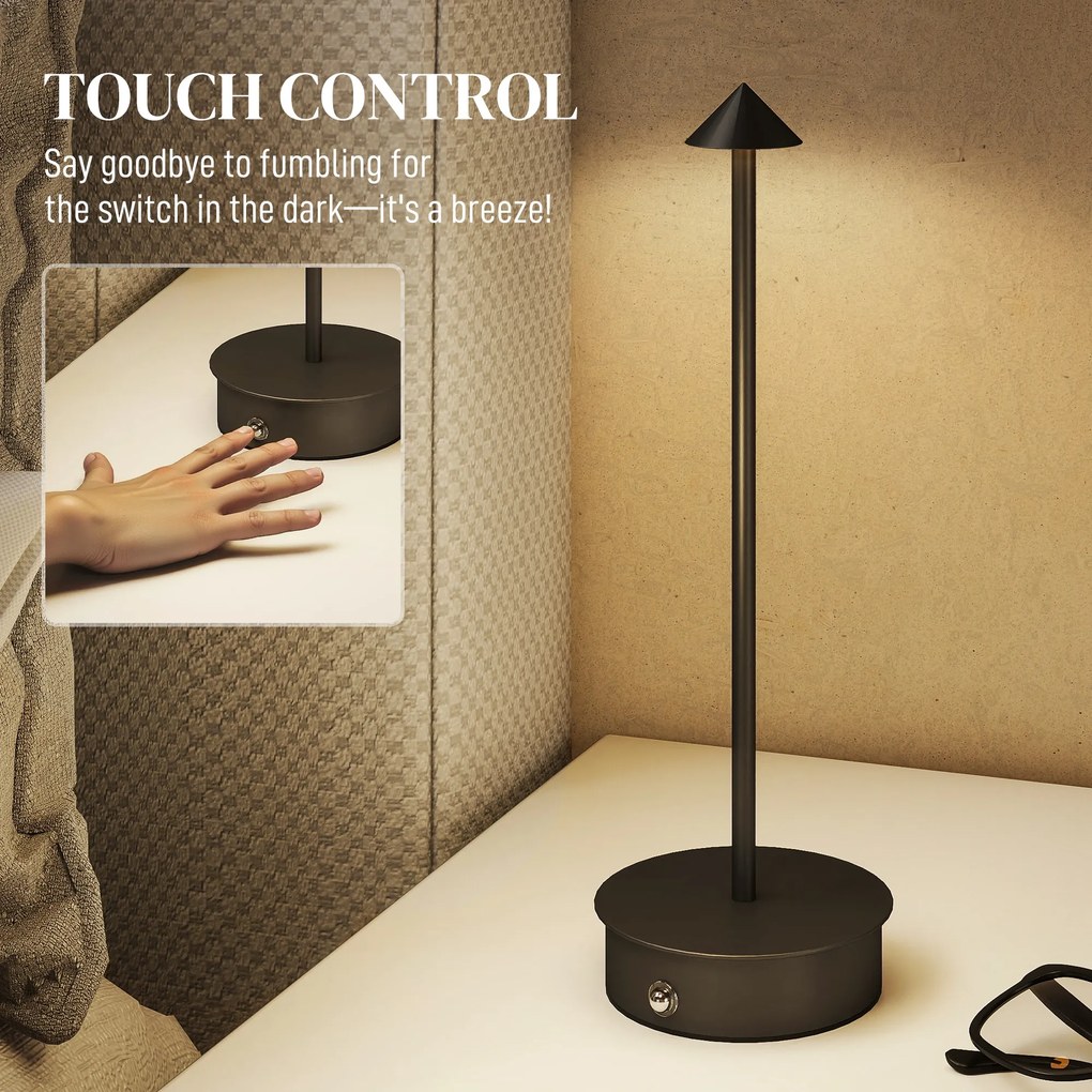 HOMCOM Lampă de Masă Reîncărcabilă cu USB, Lampă Fără Fir cu Temperatura Culorii Reglabilă 3000K/4500K/6500K, Control Tactil, Autonomie 4-8 Ore, Negru | Aosom Romania
