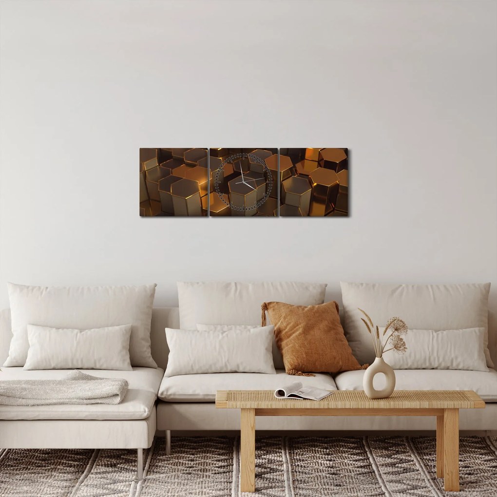 Tablou - Hexagoane de bronz (cu ceas) (90x30 cm)