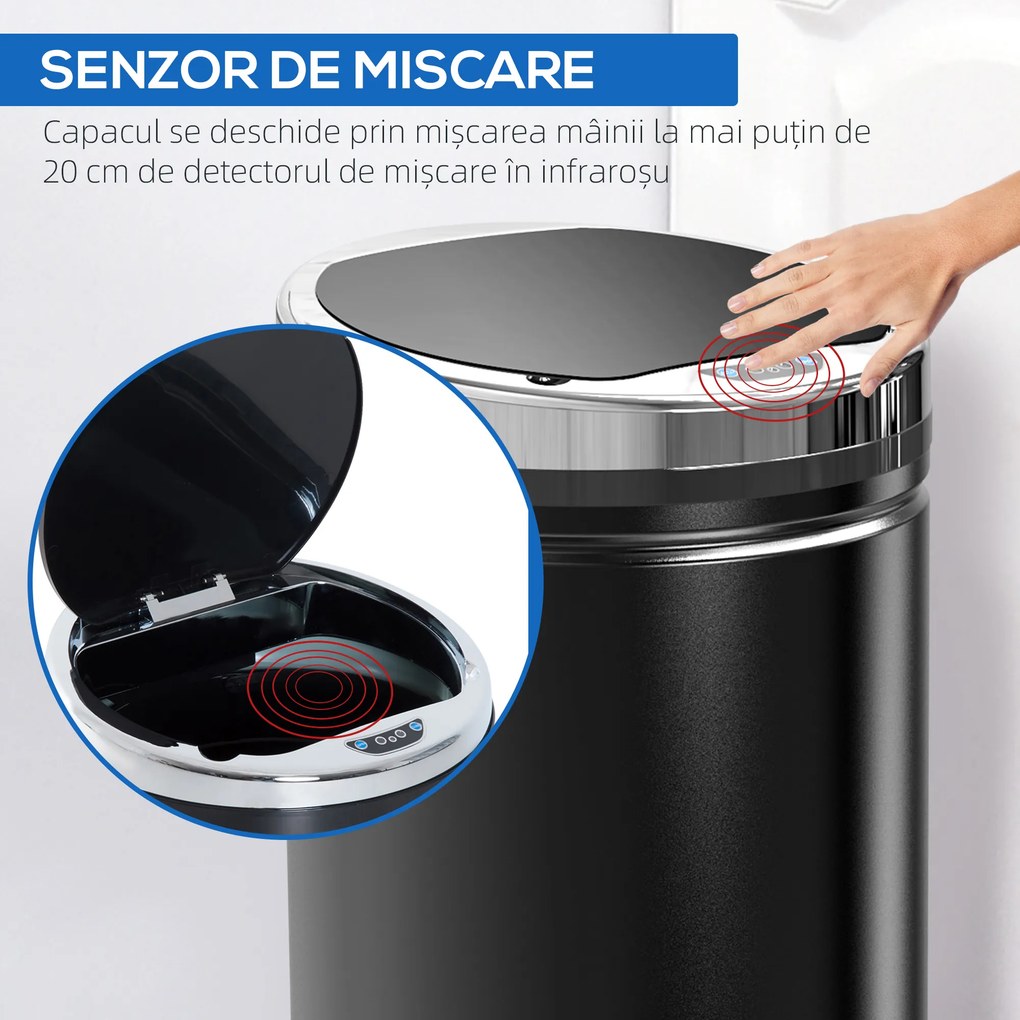 HOMCOM Coș de gunoi automat de 50L cu senzor infraroșu, din oțel și plastic, 30.5x30.5x81.5cm | Aosom Romania