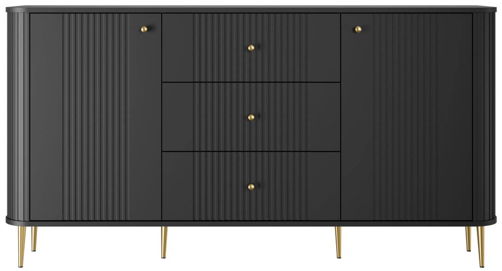 Comodă cu sertare Vesper 160 cm pe picioare - negru / picioare aurii