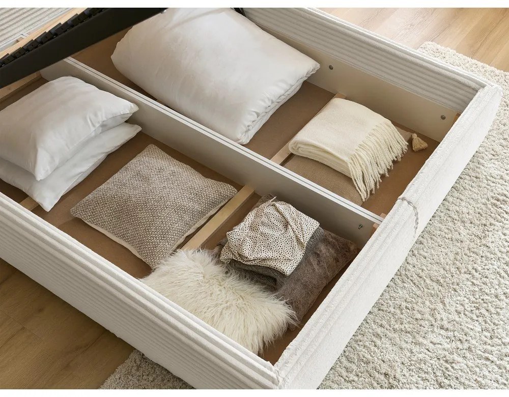 Pat matrimonial crem tapițat cu spațiu de depozitare cu somieră 160x200 cm Jade – Bobochic Paris