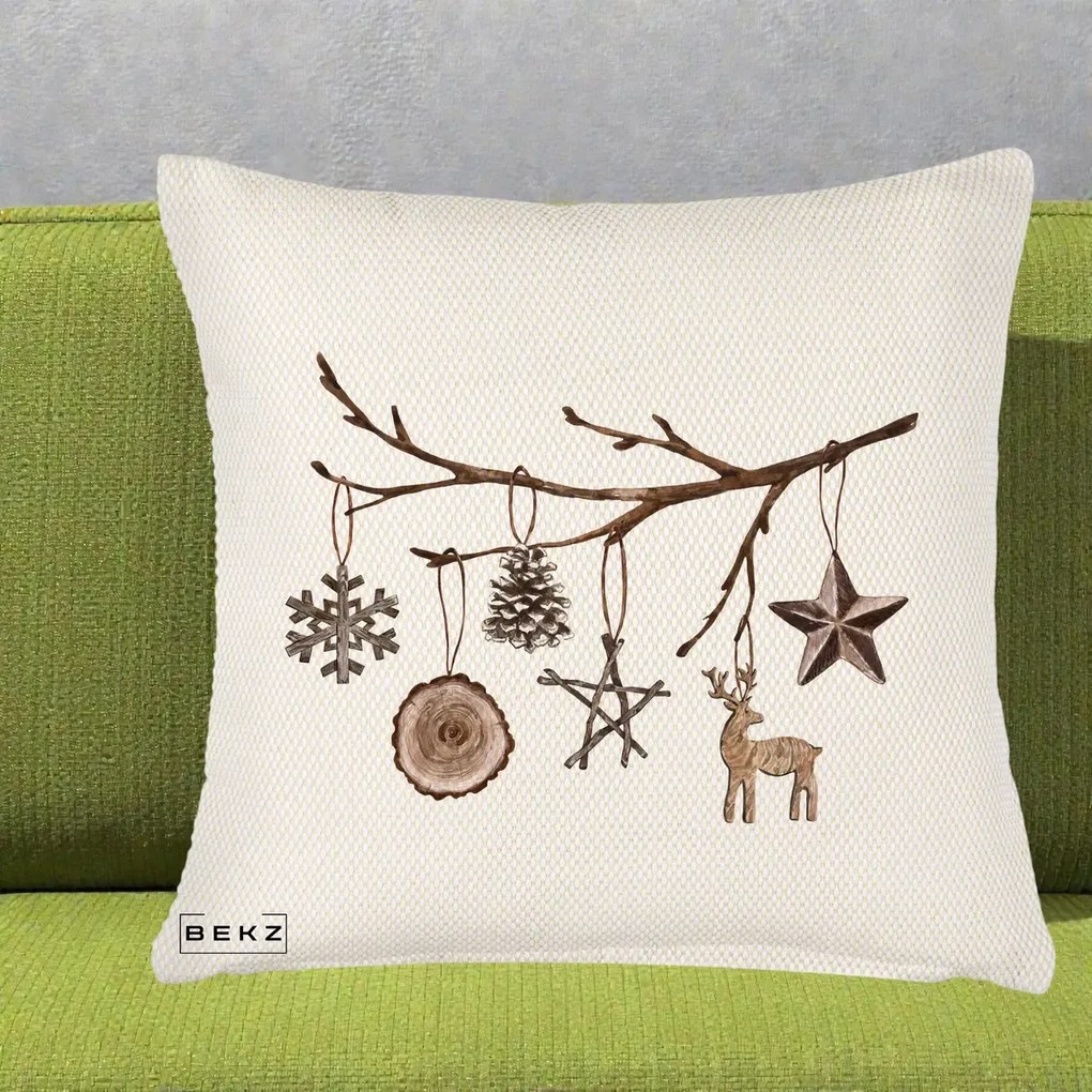 Perna Decorativa Ornamente de Lemn pe Ramura, 40x40 cm, Crem Reliefat, Husa Detasabila, Perna Inclusa, BEKZ®