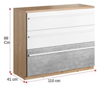 Comoda Piano Cu 3 Sertare, Stejar Nash, Alb Si Beton, 110 Cm