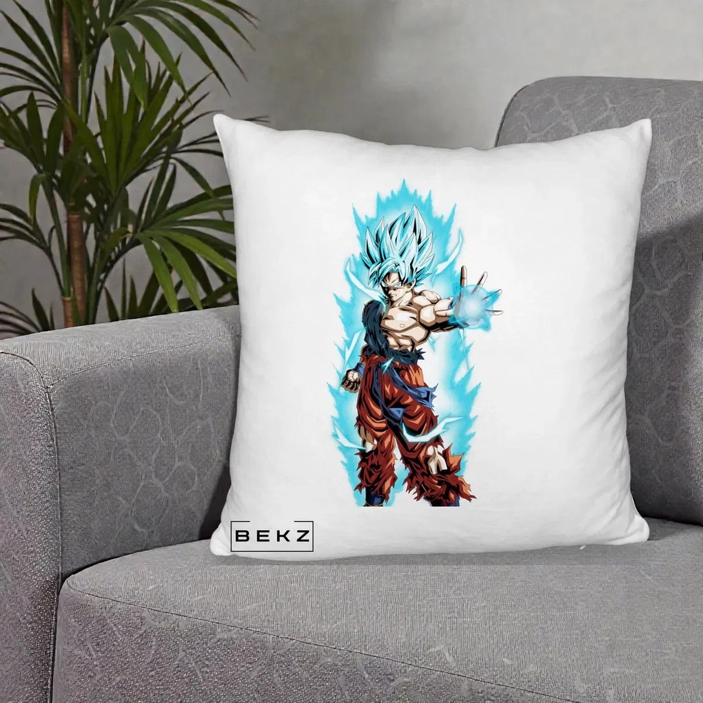 Perna Personalizata Dragon Ball Goku Ultra Instinct Blue, 40x40 cm, Alb Pufos, Husa Detasabila, Perna Inclusa, BEKZ®