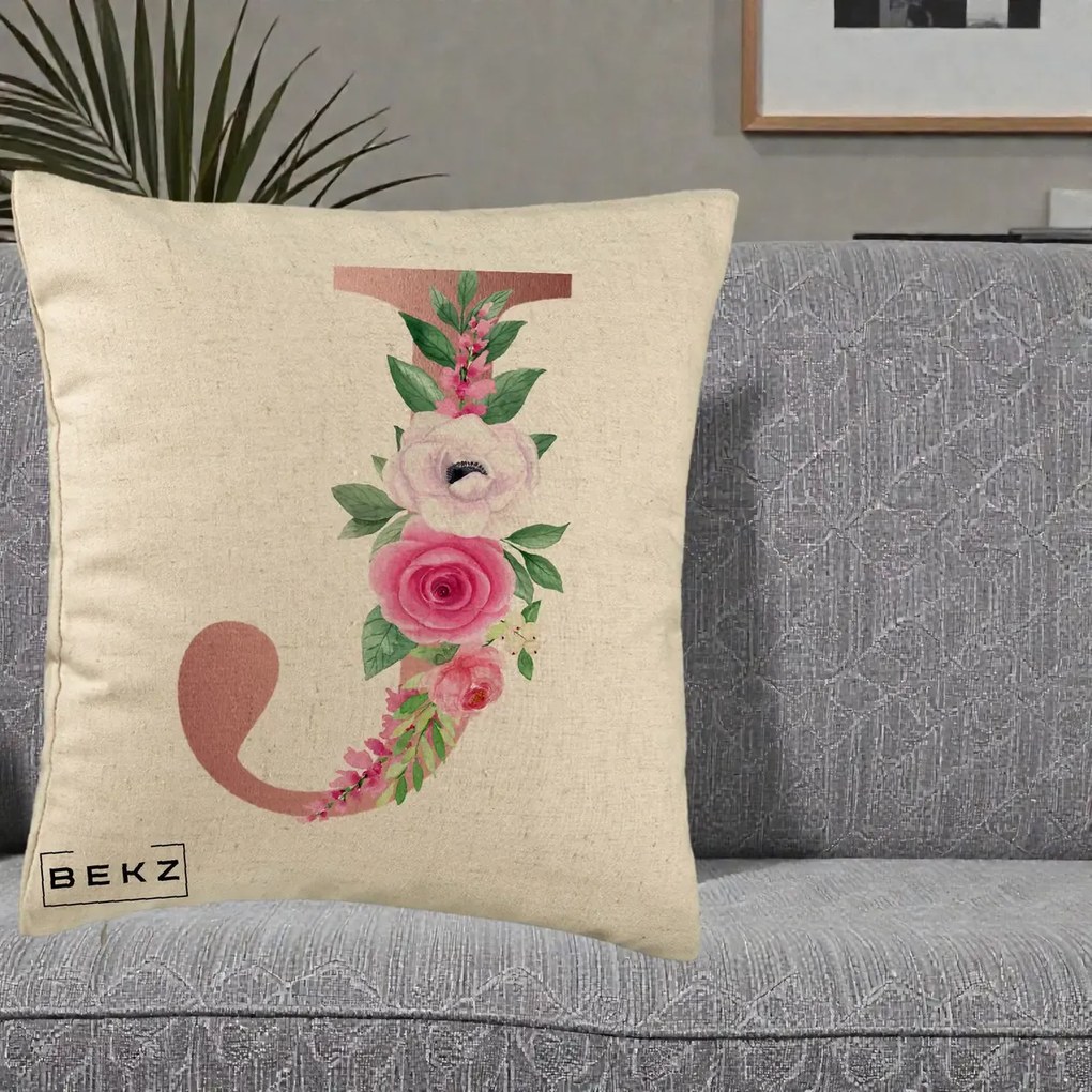 Cadou Personalizat - Perna Personalizata Monograma Rose Gold Litera J, 40x40 cm, Bej, Husa Detasabila, Perna Inclusa, BEKZ®