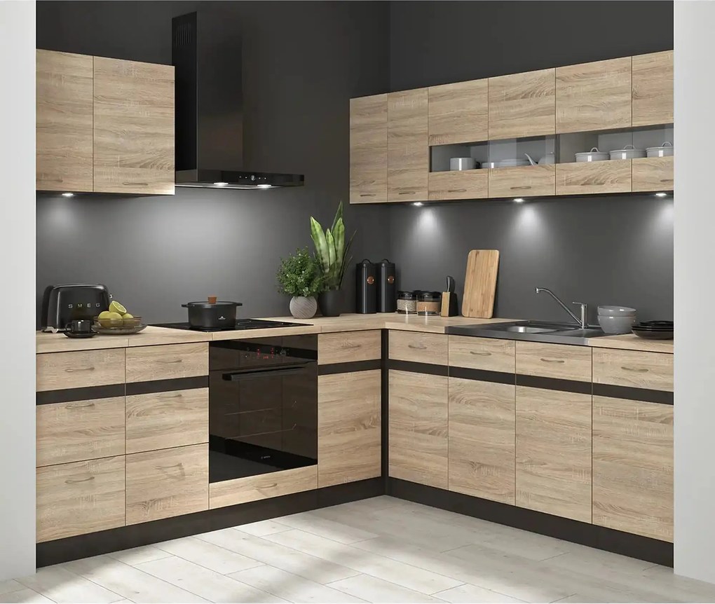 Set bucatarie JUNONA LINE, stejar sonoma/wenge, PAL, 220x240 cm, dreap