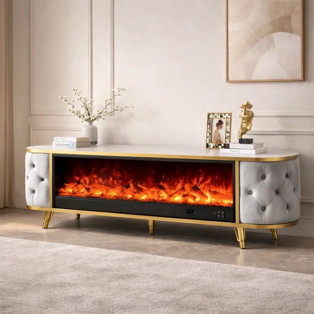 Șemineu electric cu efect LED realist cu 12 culori, Comodă TV cu design oval, control vocal și telecomandă, fără încălzire, 180 cm, Gri