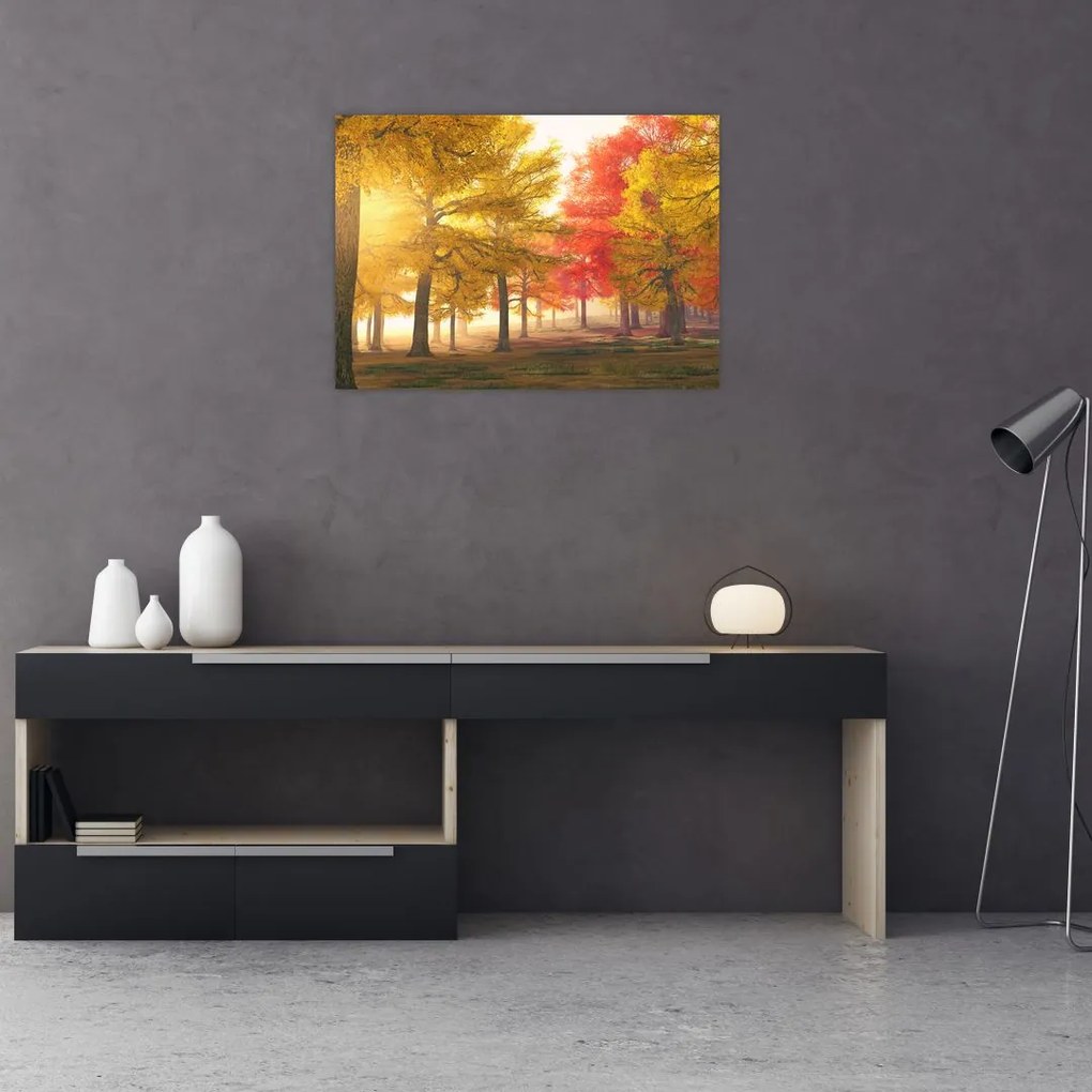 Tablou pe sticlă cu copaci toamna (70x50 cm)