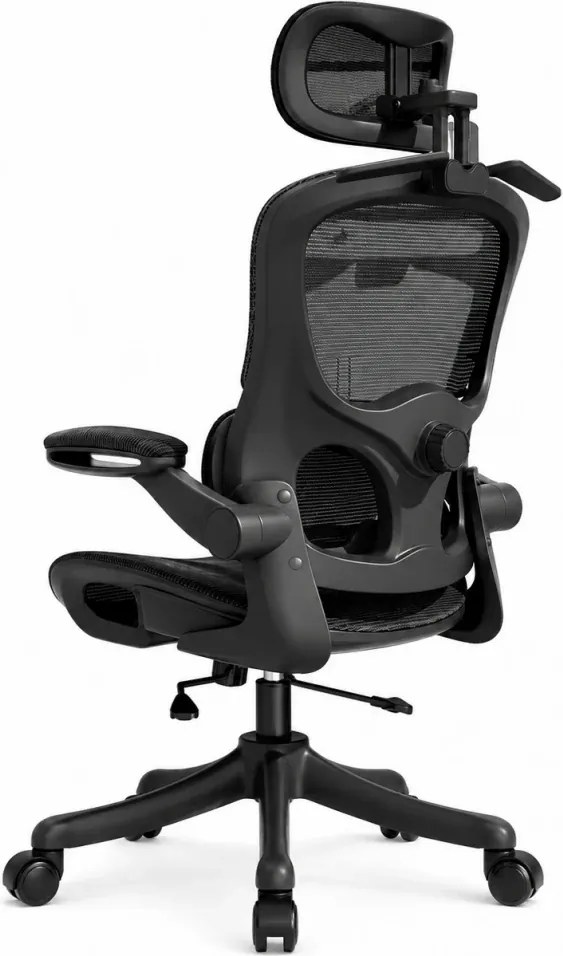RESIGILAT- Scaun ergonomic cu șezut din plasă și suport lombar dinamic, tetiera 3D, cotiere rabatabile, Negru