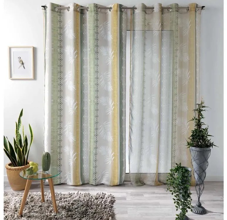 Perdea cu model scandinav galben-verde, pe cercuri cu un motiv de frunze 140 x 260 cm