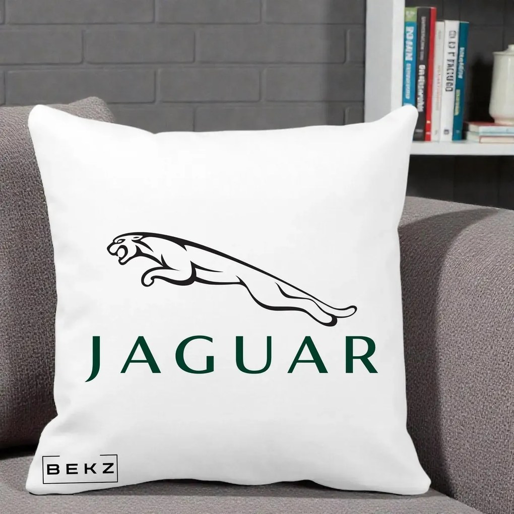 Perna Personalizata cu emblema Jaguar, 40x40 cm, Alba Mata, Husa Detasabila, Perna Inclusa, BEKZ®