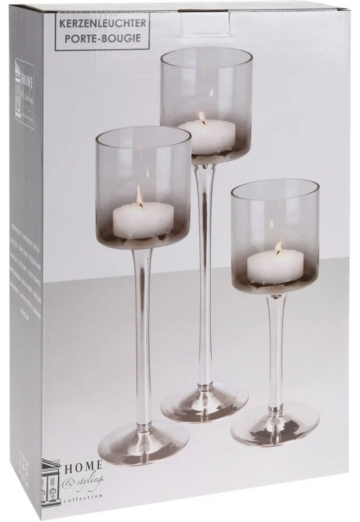Set de sfeșnice Home&styling, 3 bucăți, sticlăgri-argintiu