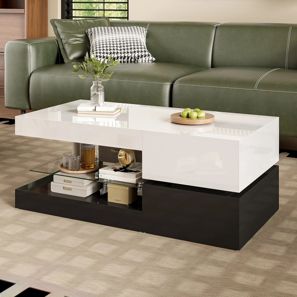 Masă de cafea cu iluminare ambientală LED, poliță din sticlă &amp; finisaj lucios, 90x45x35,5 cm, Alb+Negru