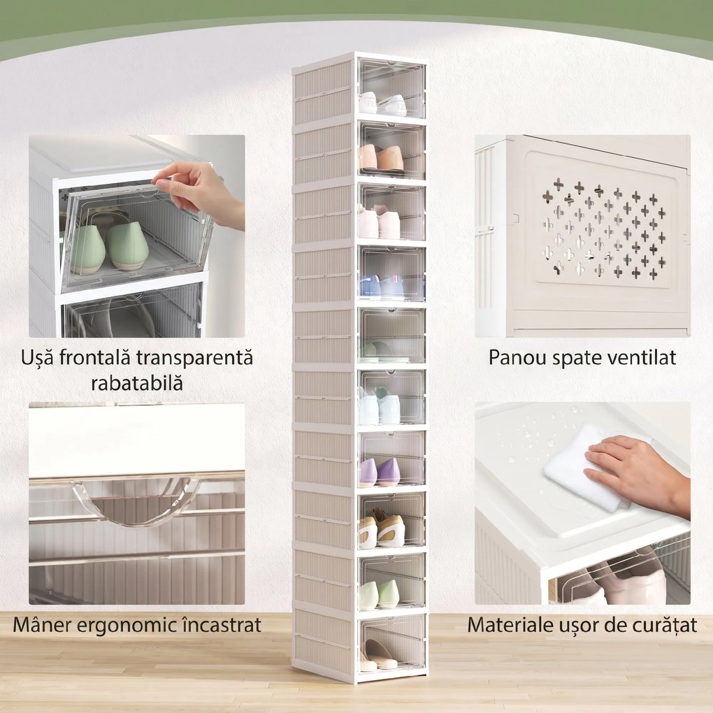 HOMCOM Pantofar Pliabil Slim, Modular, cu 10 Cutii pentru Pantofi, Economisire Spațiu, Fără Montaj, Alb | Aosom Romania