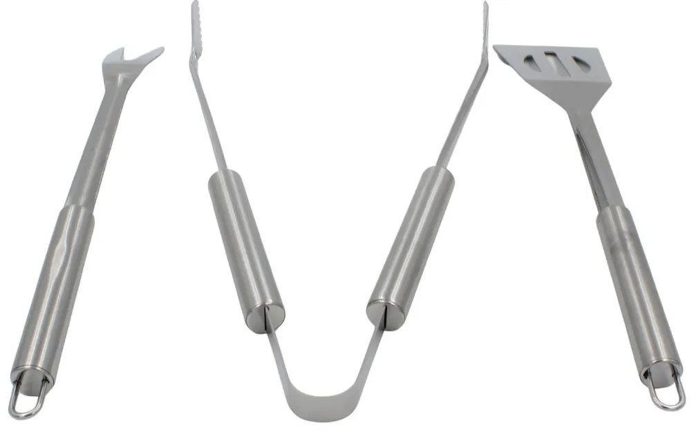Set 3 ustensile pentru grătar – inox, 35 cm: spatulă, furculiță și clește