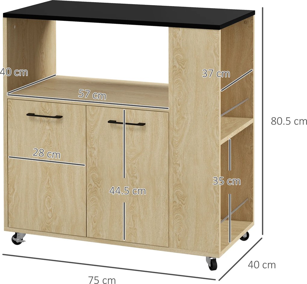 Cărucior de bucătărie din PAL cu raft deschis, dulap cu 2 uși și poliță laterală cu 2 niveluri, 75x40x80,5cm stejar și negru HOMCOM | Aosom Romania