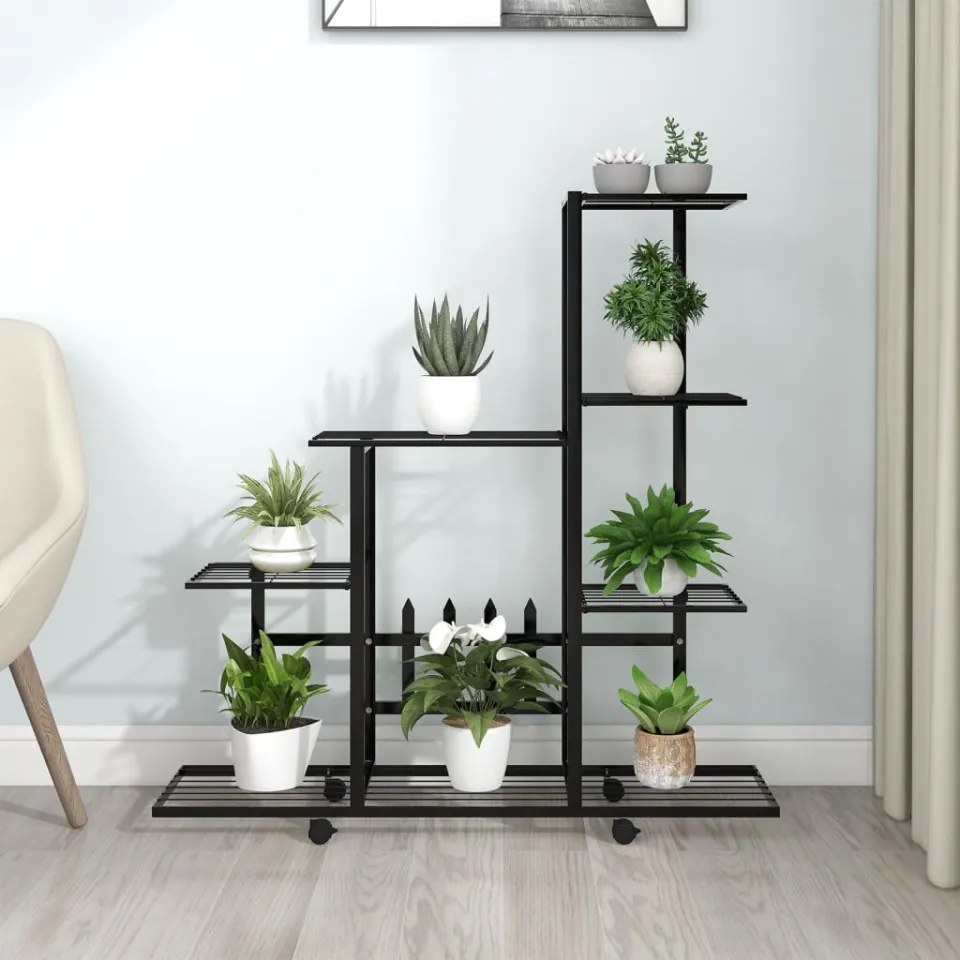 Suport pentru flori cu roți, 94,5x25x92,5 cm, negru, metal