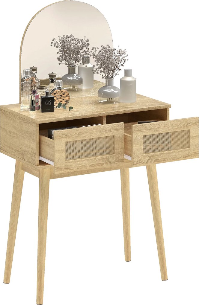 HOMCOM Masă de Machiaj cu Oglindă Arcuată 2 Sertare cu Față din Ratan pentru Spații Mici Natural | Aosom Romania