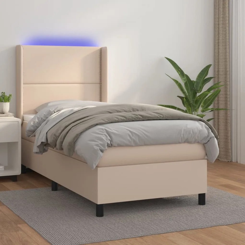3139312 vidaXL Pat cu arcuri, saltea și LED, cappuccino, 100x200cm, piele eco