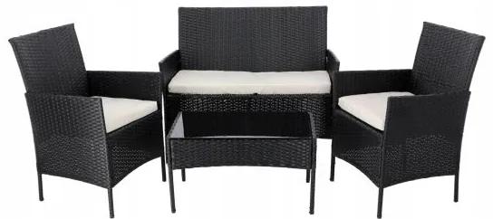 Set mobilier gradina/terasa, poliratan, negru cu perne bej, 1 masa, 2 fotolii, 1 canapea, Medi