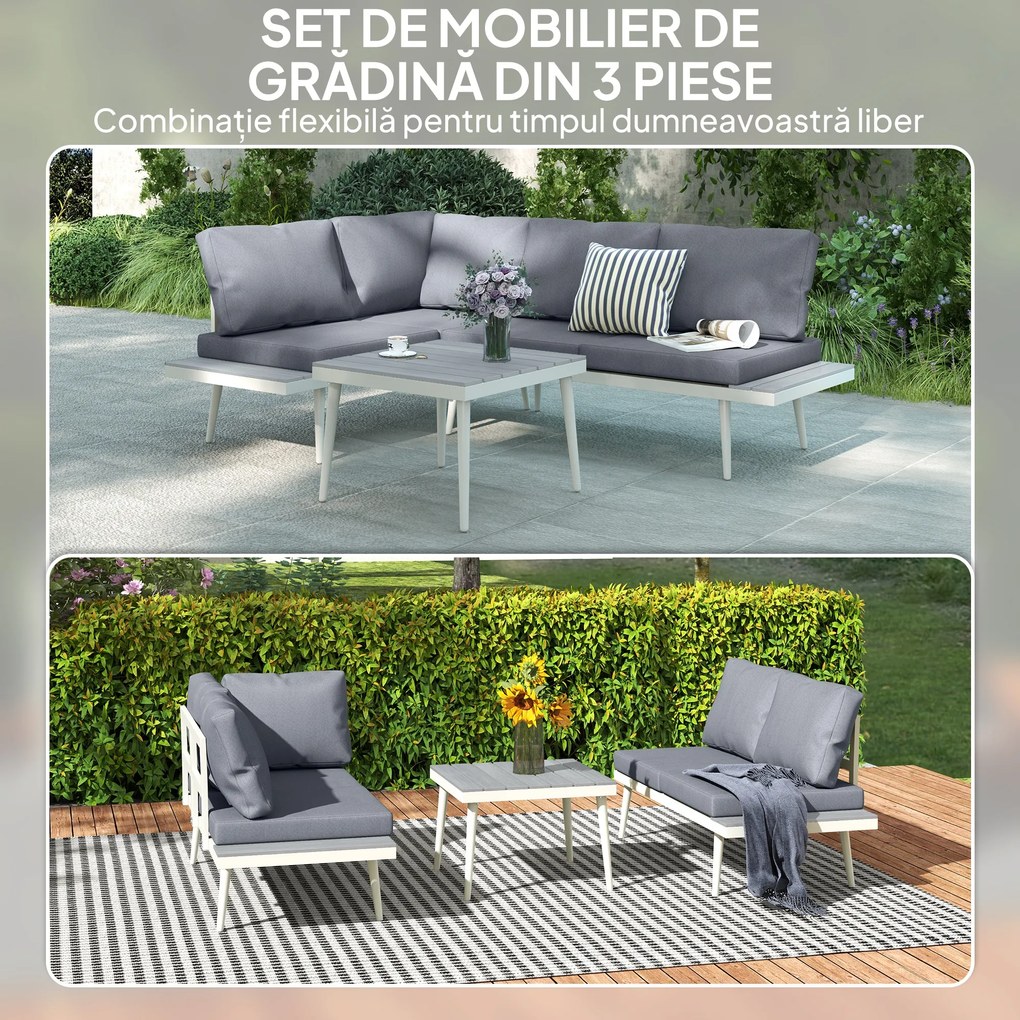 Outsunny Set Mobilier de Grădină din 3 Piese cu 2 Canapele cu Spătar Reglabil în 5 Poziții și Măsuță, 139x63x65 cm, Gri | Aosom Romania