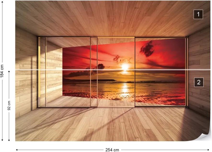 GLIX Fototapet - Beach Sunset 3D Modern Window View Vliesová tapeta  - 254x184 cm