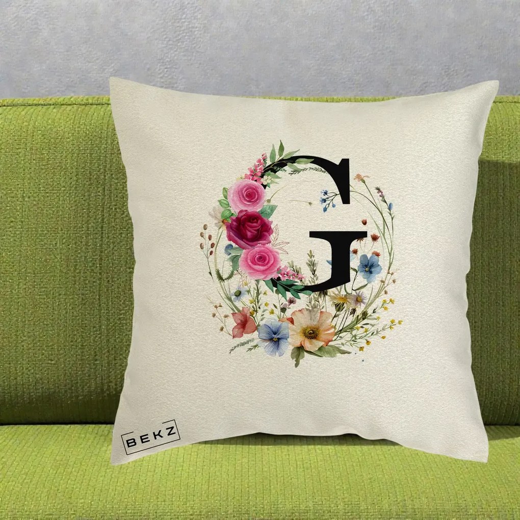 Cadou Personalizat - Perna Personalizata Monogram Litera G cu Flori Acuarela, 40x40 cm, Ecru, Husa Detasabila, Perna Inclusa, BEKZ®