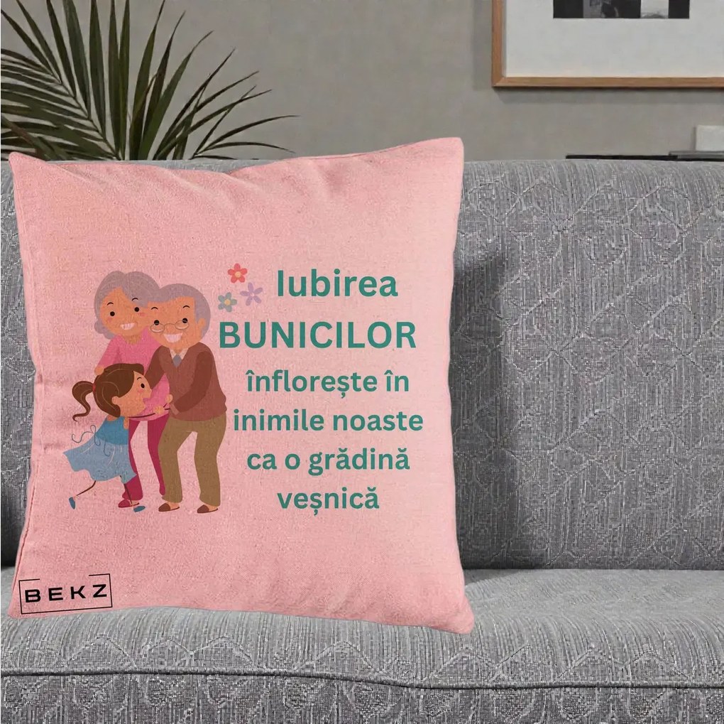 Cadou pentru Bunici - Perna Personalizata Bunicii Iubirea Infloreste cu Nepoata Teal, 40x40 cm, Roz, Husa Detasabila, Perna Inclusa, BEKZ®