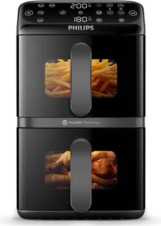 Friteuza verticala dubla cu aer cald Philips Dual Stack 4000 NA460/00, 2750 W, 10 l, 13 programe, 40-220°C, Sincronizare, Acoperire ceramică fara PFAS, Fereastra, Negru